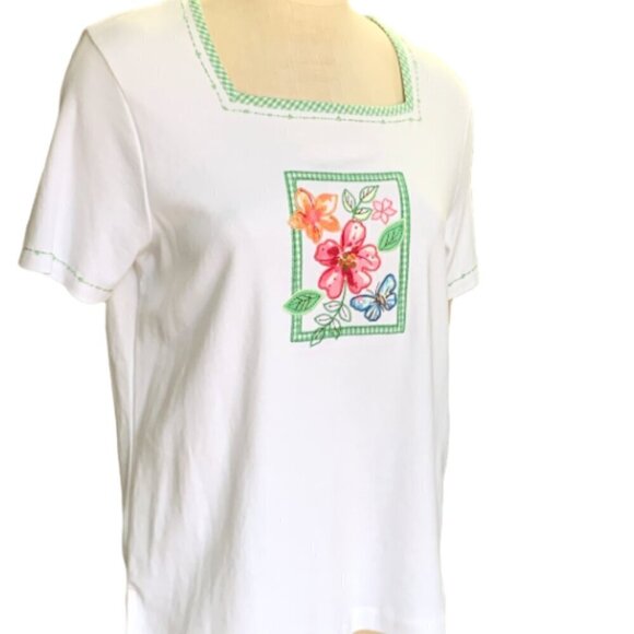 Alfred Dunner Square Neck Top Floral Embroidery Gingham Beaded Sequins M 33P - Picture 3 of 8